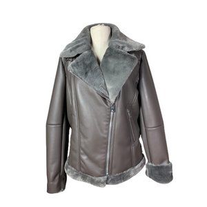 Join Us Khaki Brown Faux Leather Fur Collar Bomber Moto Jacket size Medium
